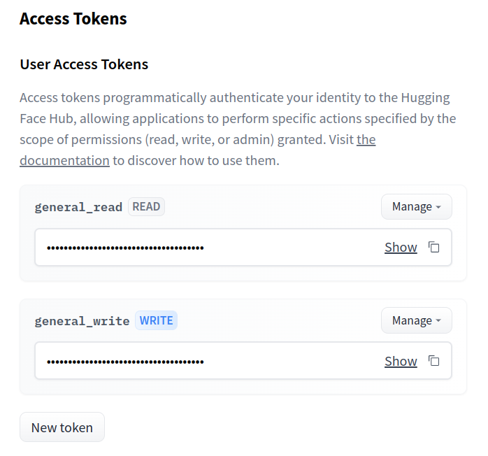 Interface de gestion des tokens d'accès HuggingFace